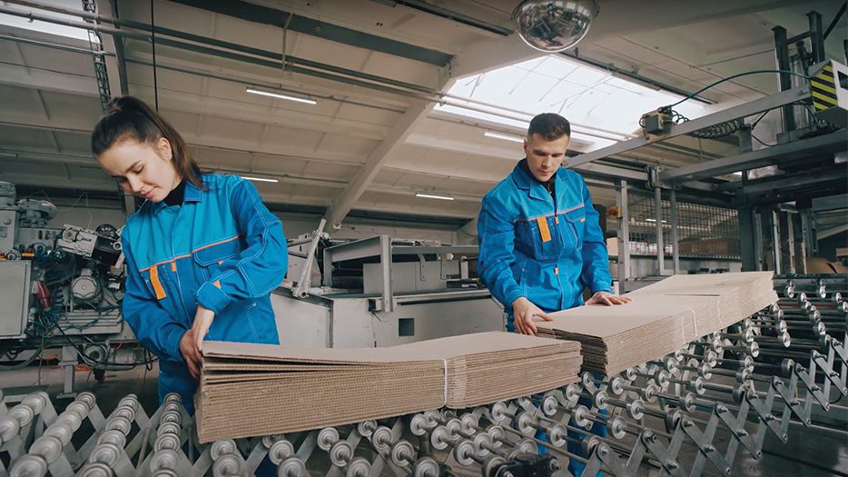 a factory setting where two workers, a man and a woman, are standing next to each other, working on a conveyor belt